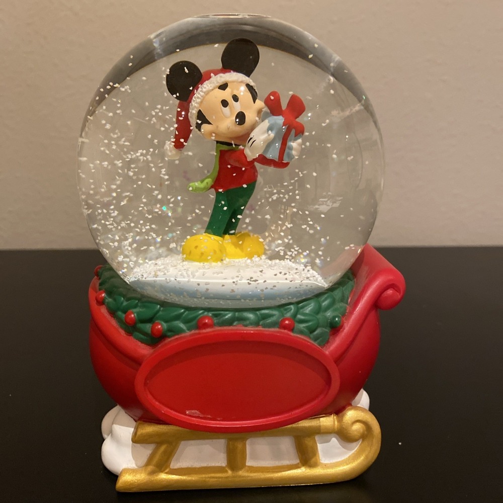 Disney Dept 56 Snow Globe Mickey Holding‎ Present On Sled